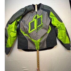 Icon Riding Jacket Mens LG Gray Overlord Textile D3O Armor Neon Green Moto Sport